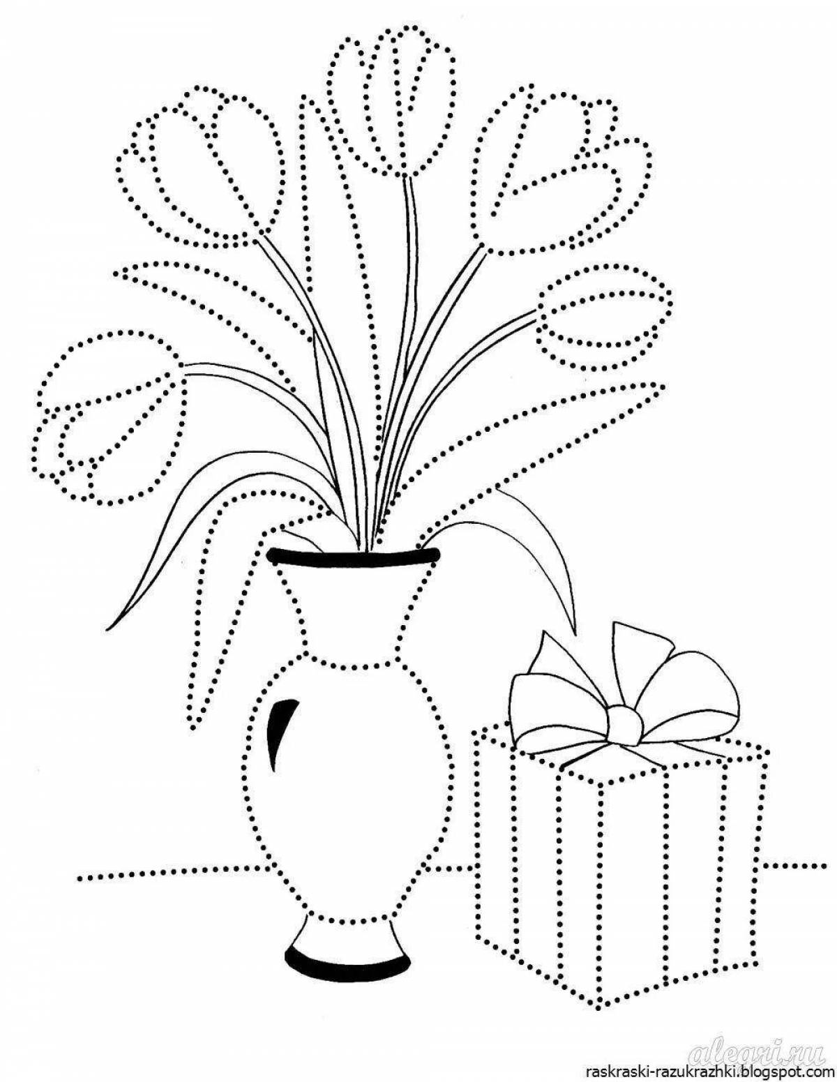 Coloring book ecstatic vase with flowers for kids