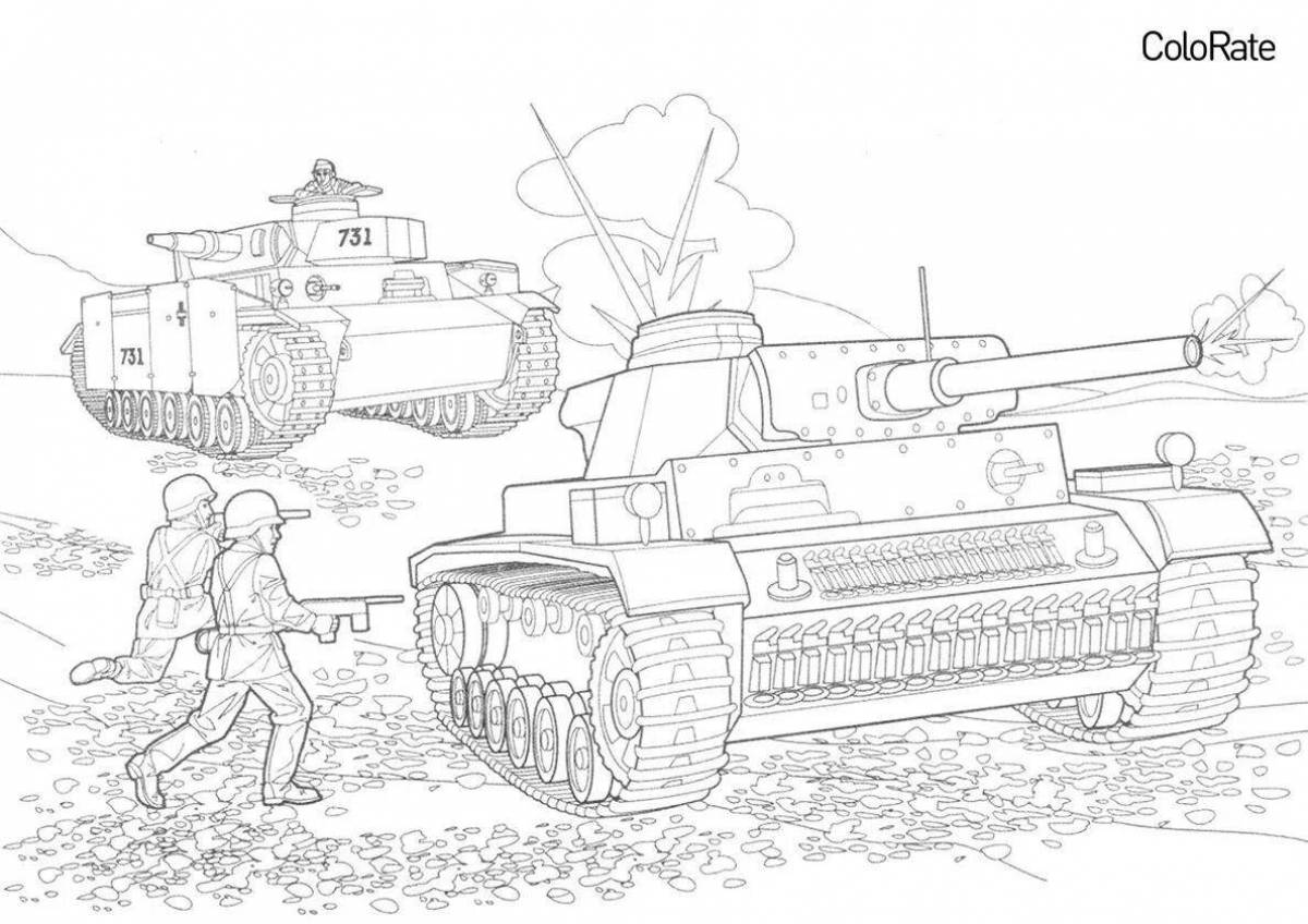 Elegant soldier and tank coloring page