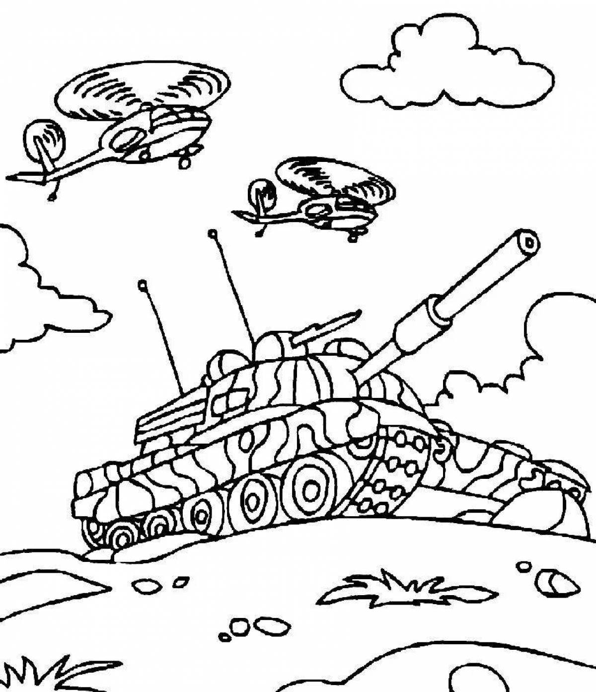 Fashion soldier and tank coloring page