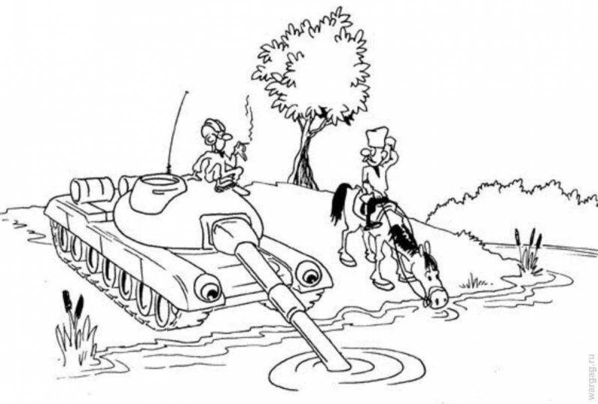 Раскраска декоративный солдат и танк