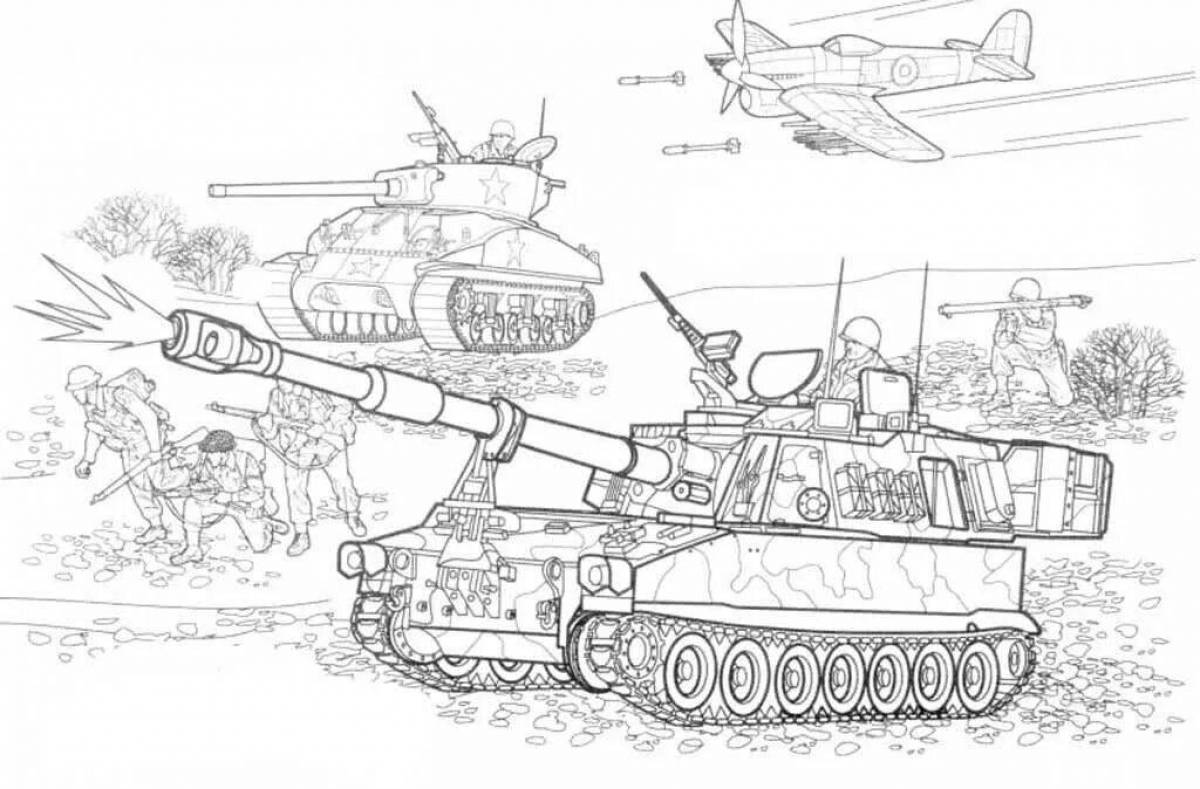 Coloring page playful soldier and tank