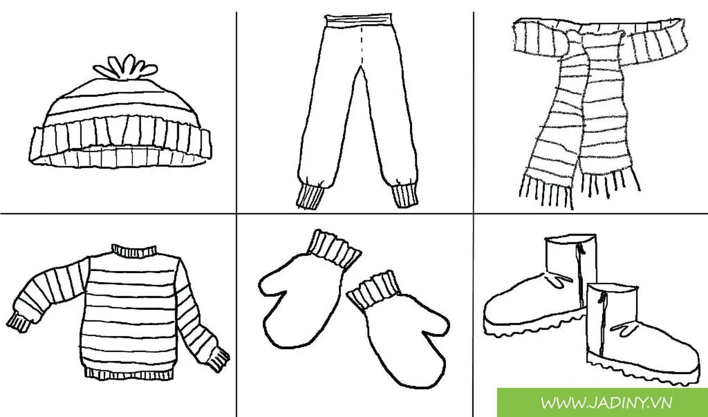 Coloring page of winter clothes for children