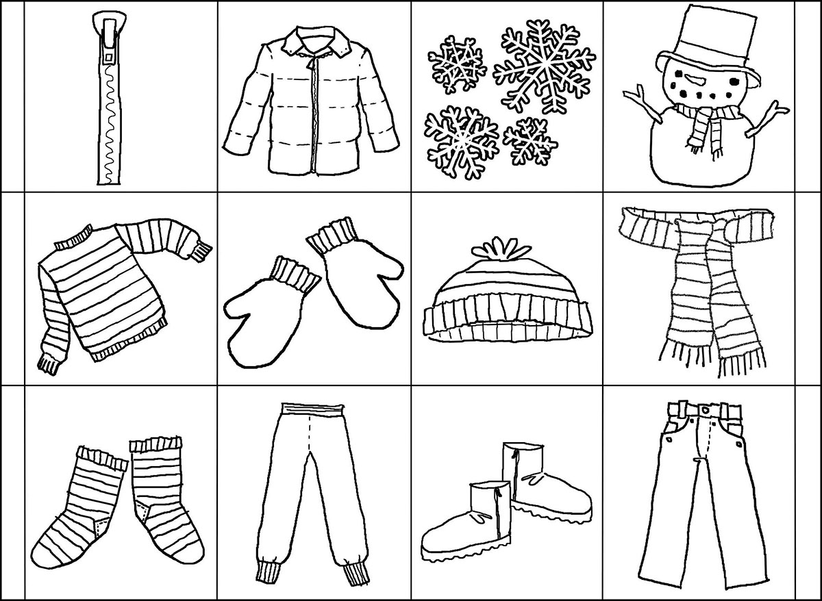 Юмористическая раскраска зимней одежды для дошкольников