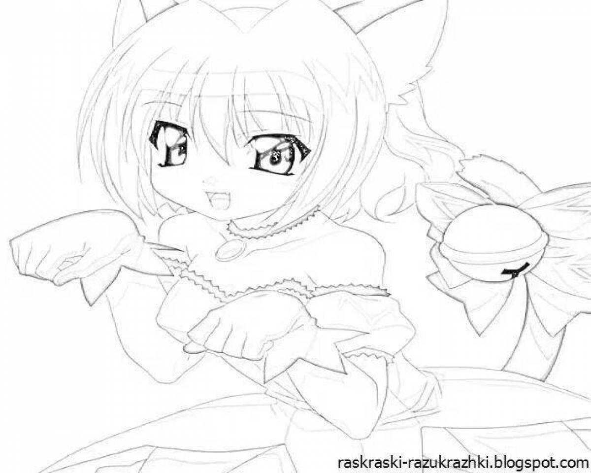 Радостная раскраска кошка аниме девушка