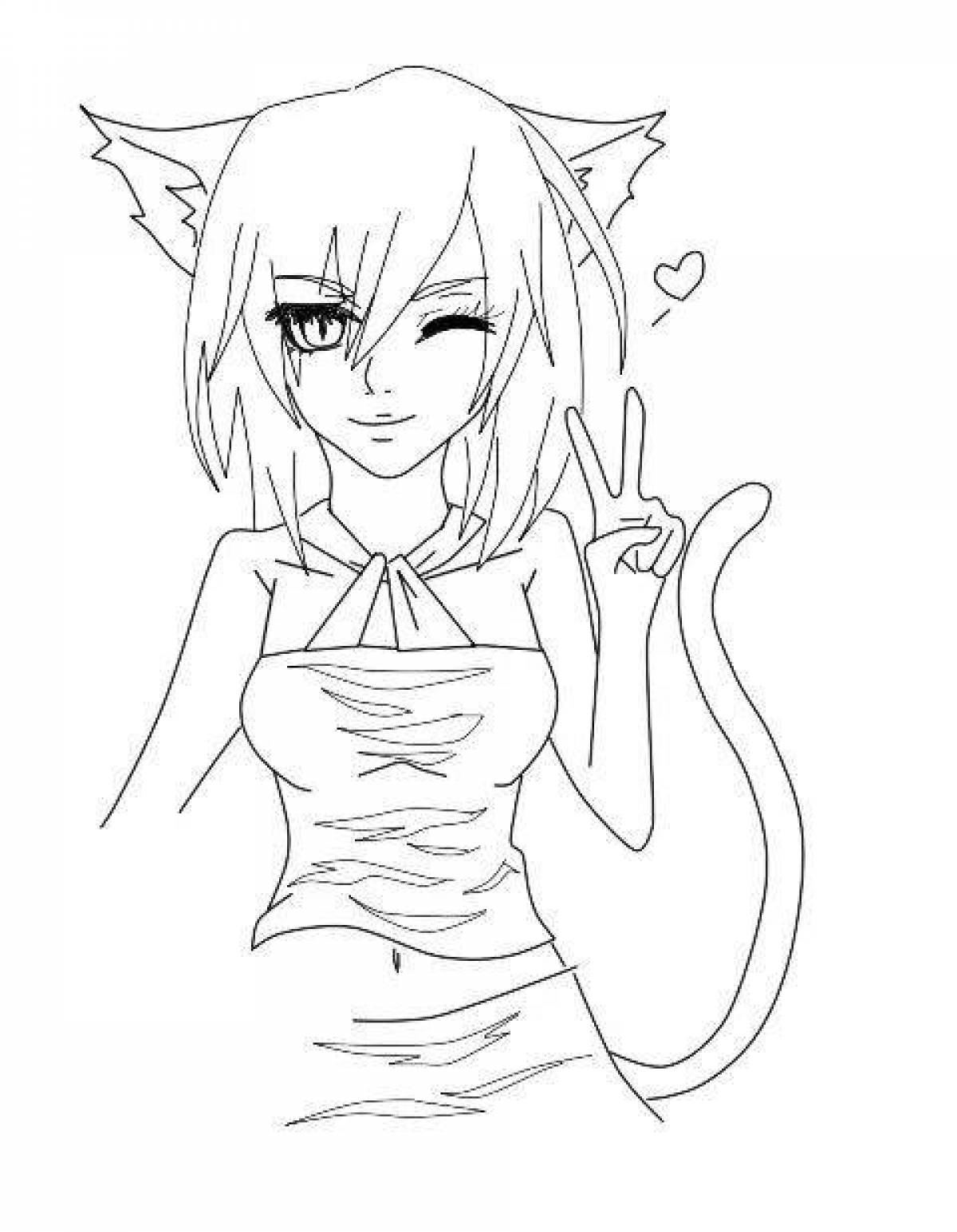 Wonderful coloring cat anime girl