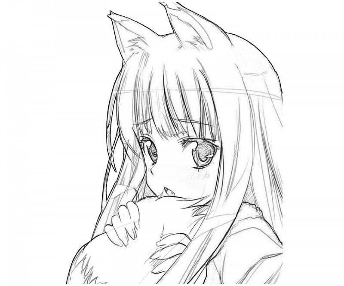 Игривая раскраска кошка аниме девушка