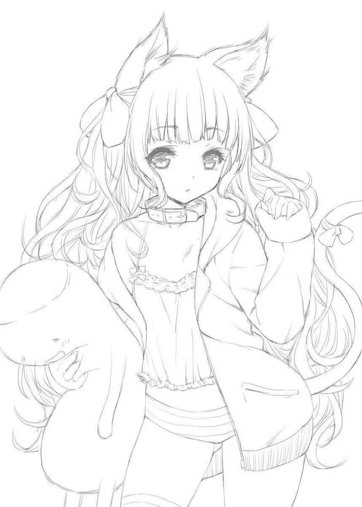 Radiant coloring page cat anime girl