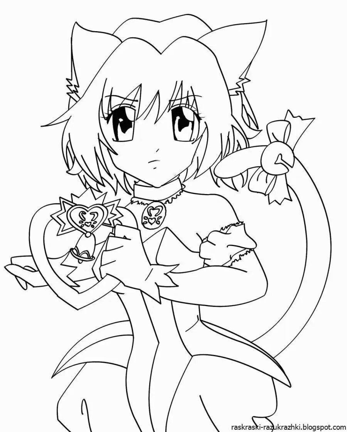 Zany coloring page cat anime girl