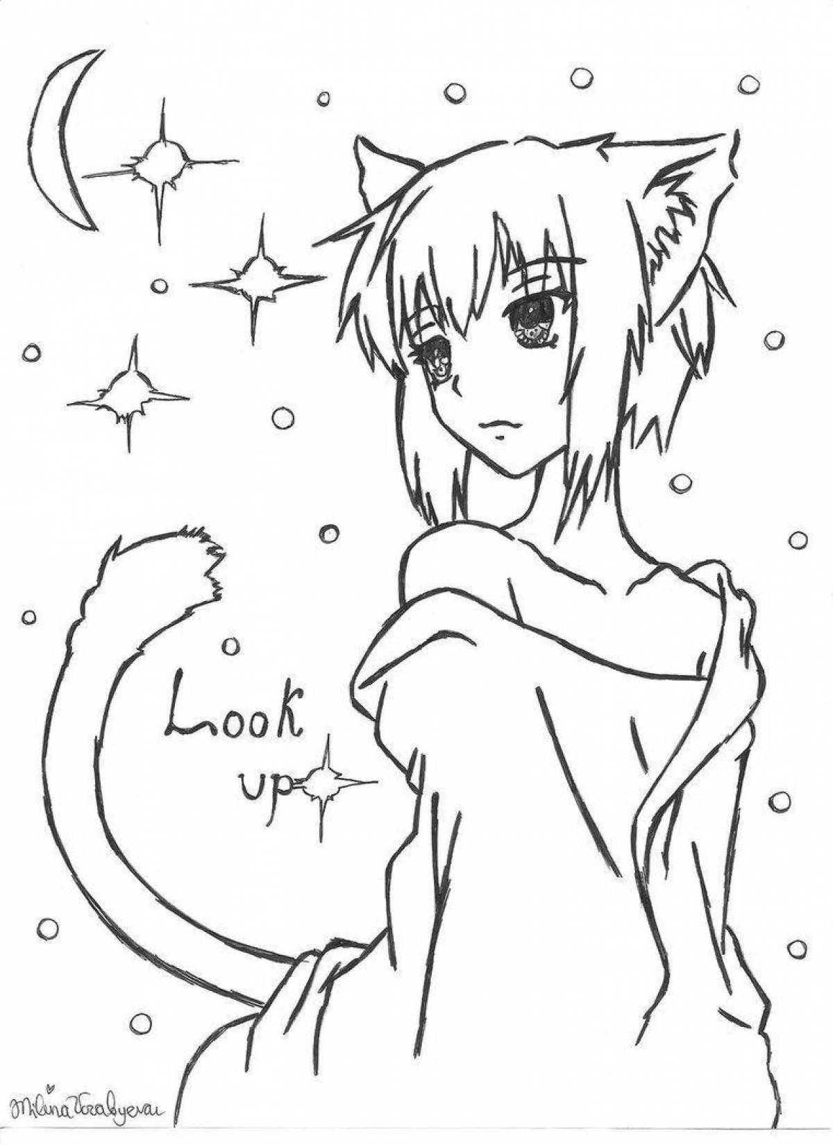 Элегантная раскраска кошка аниме девушка