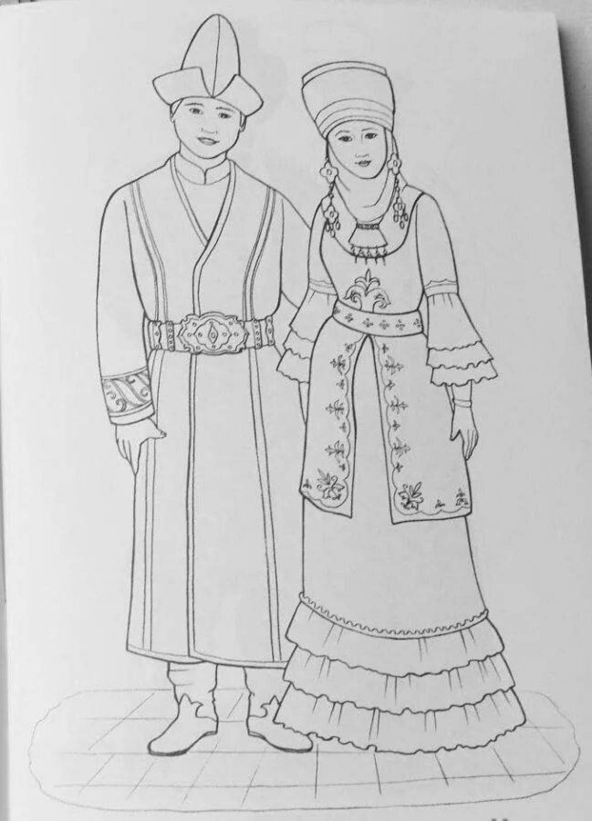 Coloring page attractive Tatar costume