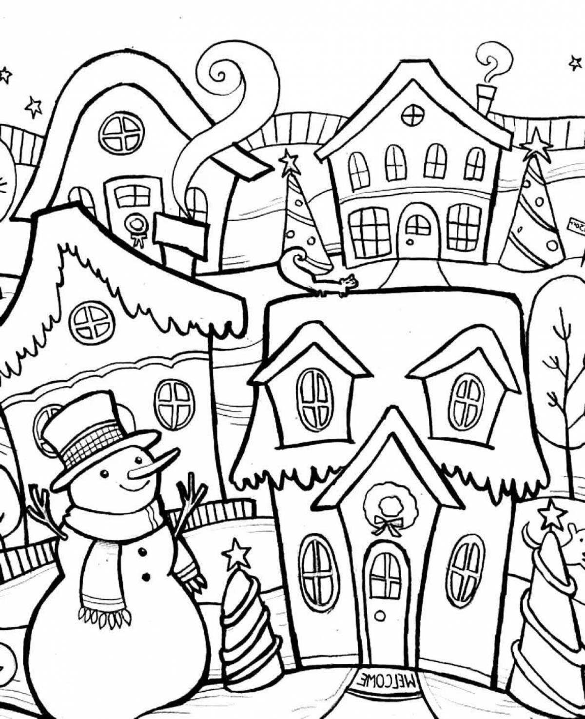 Coloring page cozy winter village