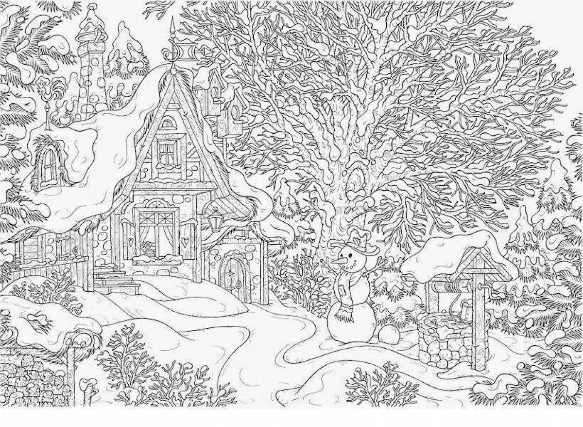 Coloring page magical winter village