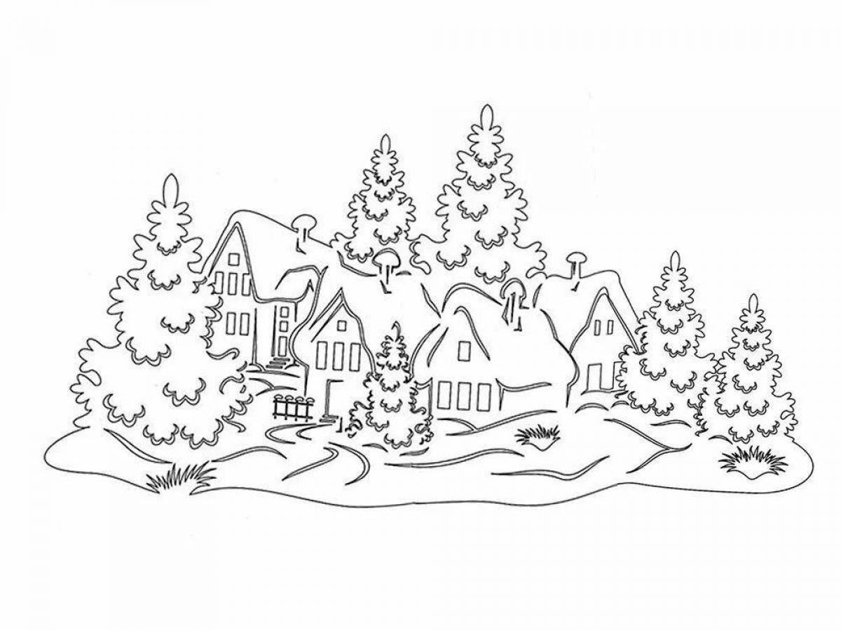 Блестящая страница раскраски зимней деревни