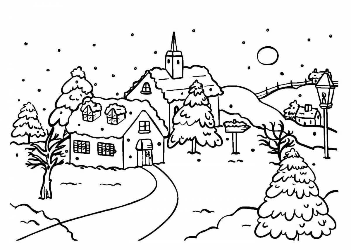 Sparkling winter village coloring page