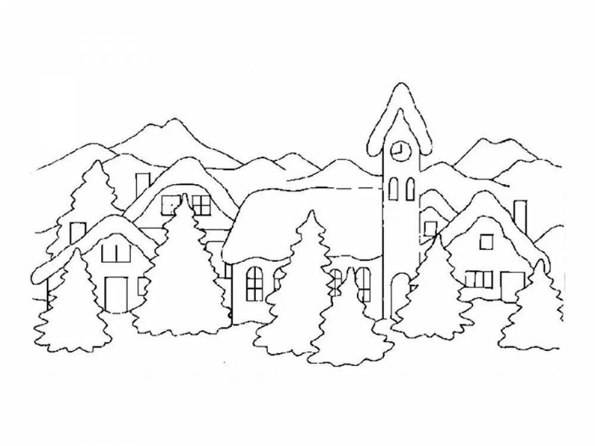 Раскраска мечтательная зимняя деревня