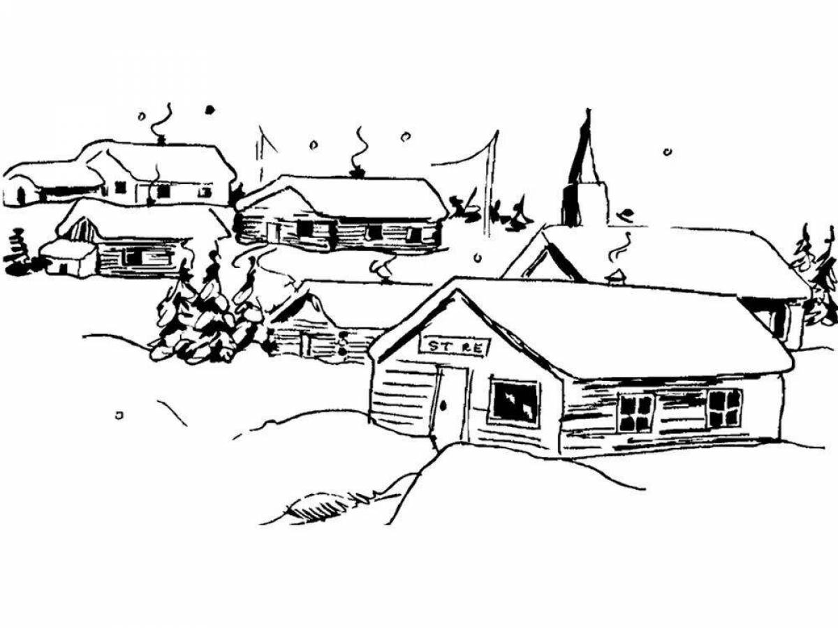 Majestic winter village coloring page