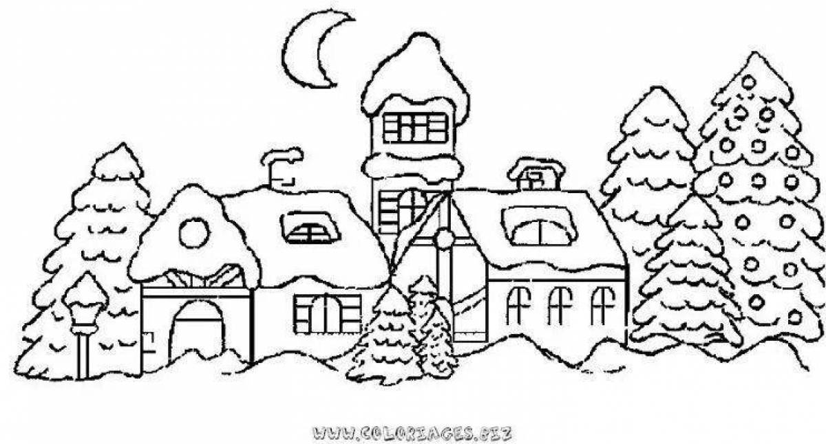 Sky winter village coloring page