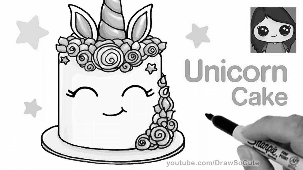 Playful unicorn cake coloring page