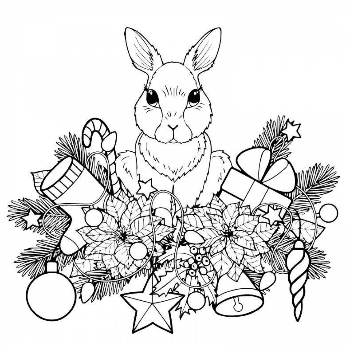 Christmas coloring of a paint-soaked rabbit