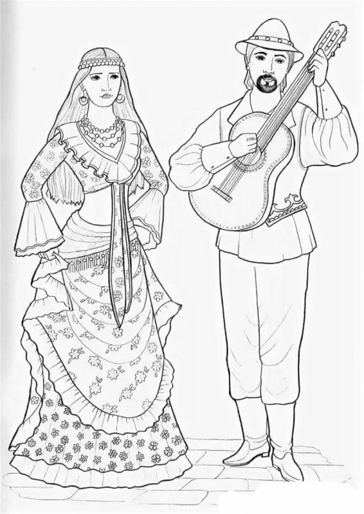 Coloring page festive Tatar folk costume