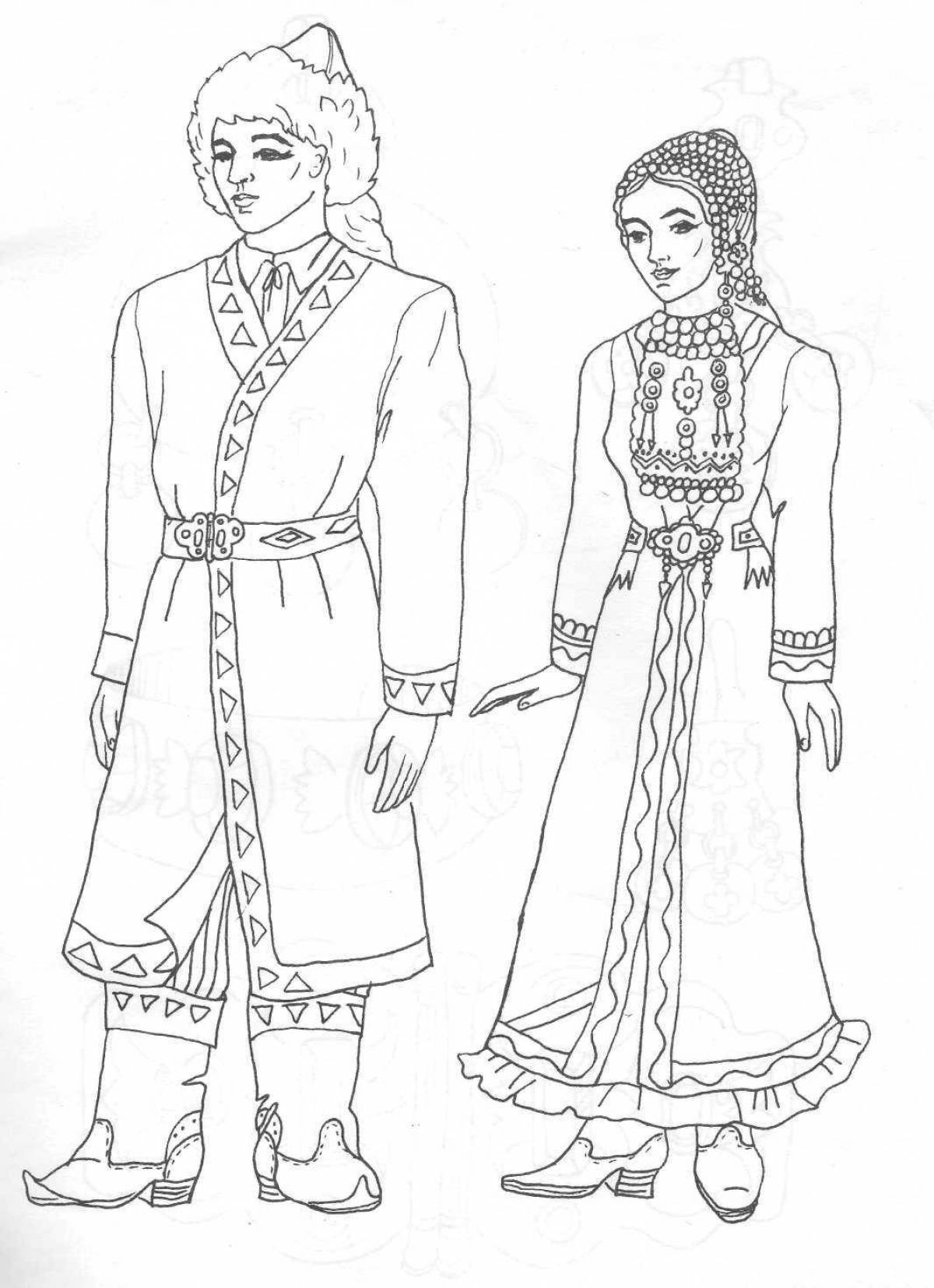 Coloring page luxurious Tatar folk costume