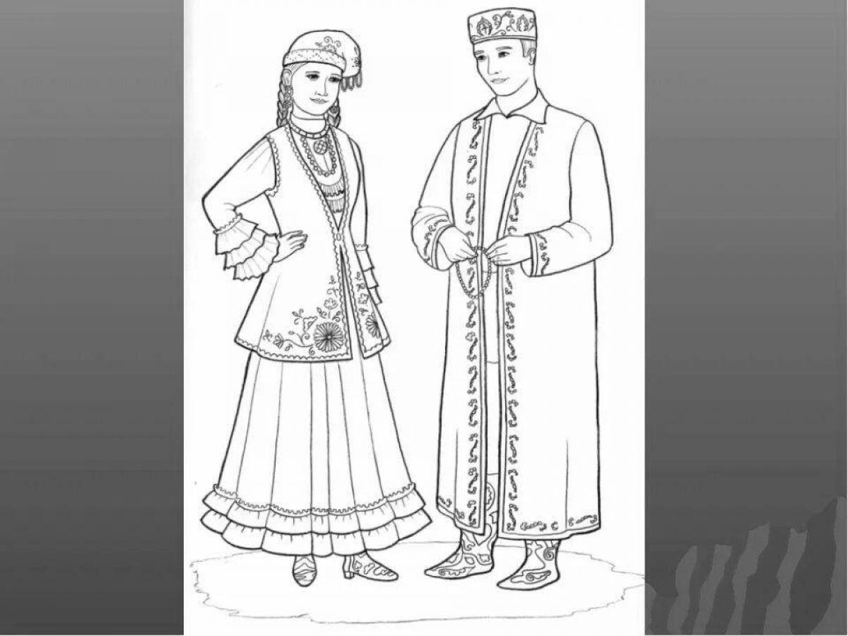 Coloring page magnificent Tatar folk costume