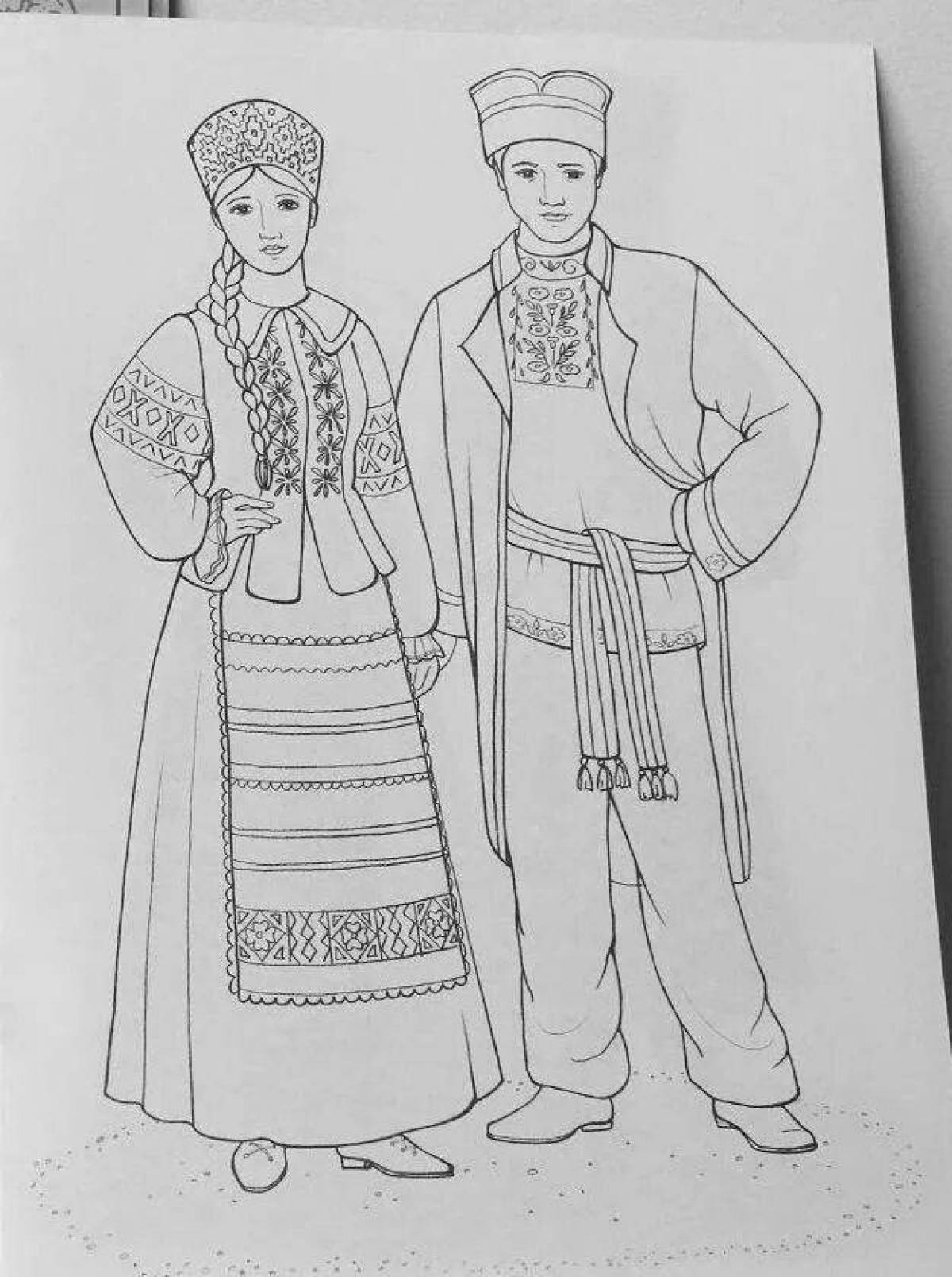 Coloring page elegant Tatar folk costume