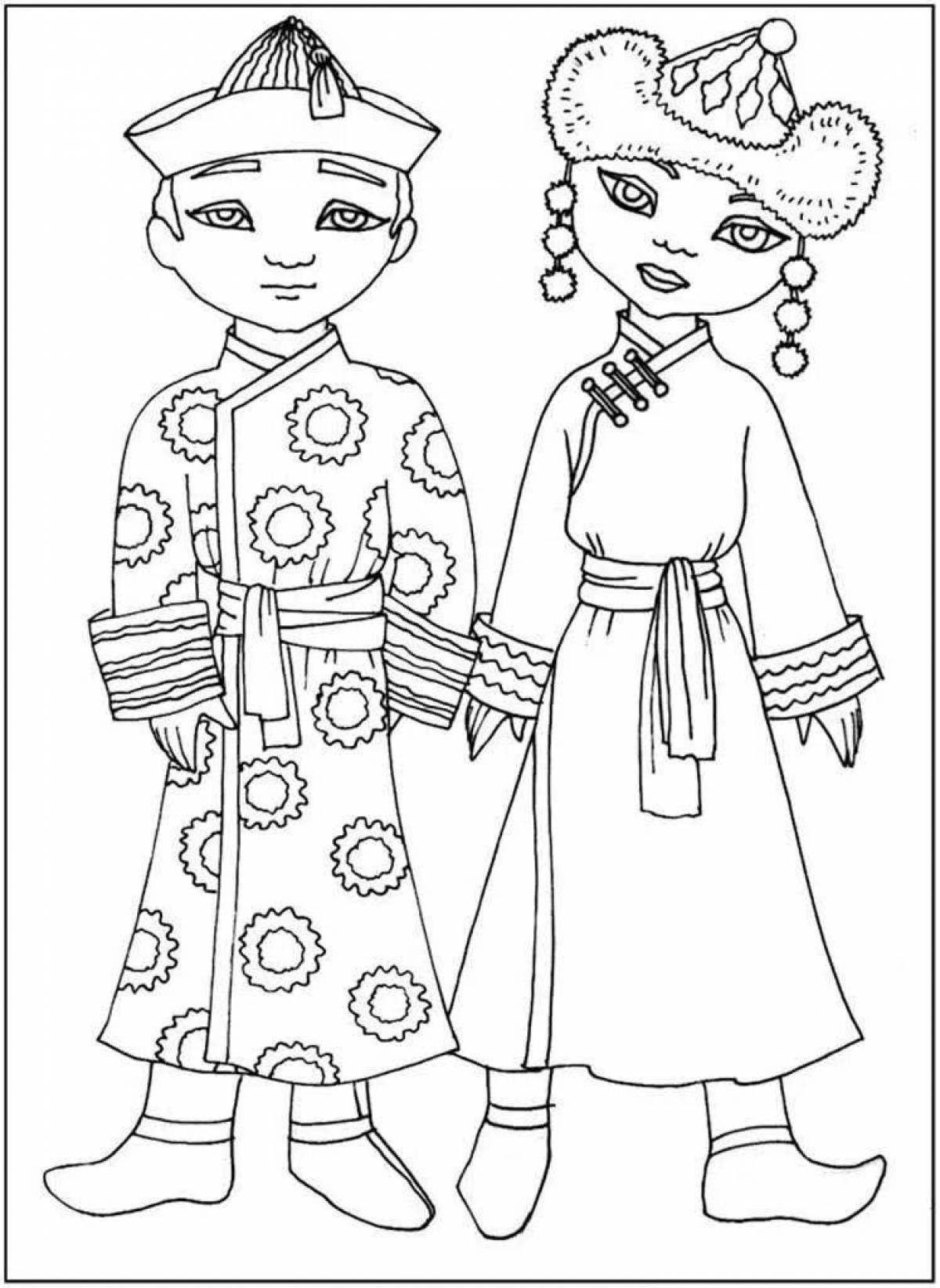 Coloring book playful Tatar folk costume