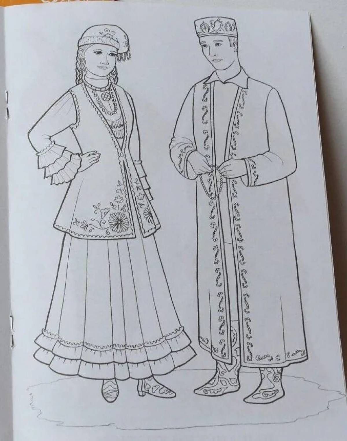 Coloring page historical Tatar folk costume