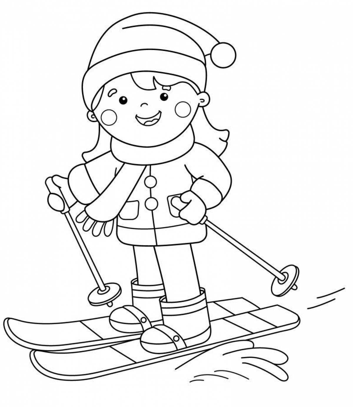 Веселая раскраска зимние виды спорта для детей