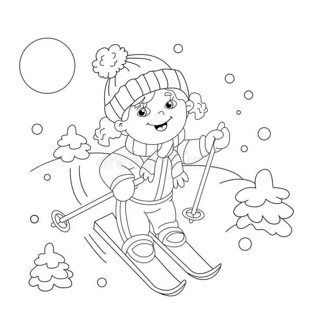 Glitter winter sports coloring pages for kids