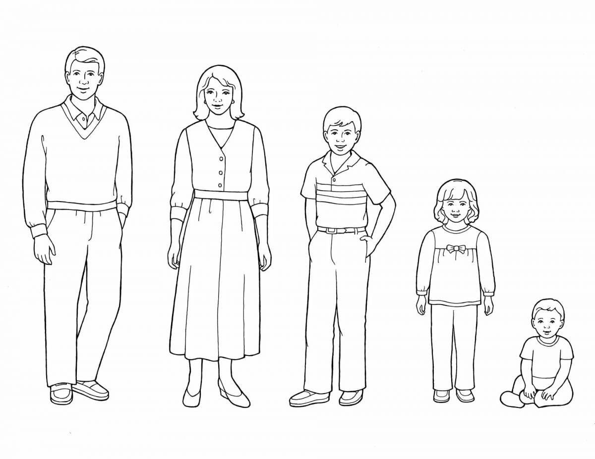 Семья 6 человек - скачать и распечатать раскраску. семья, бабушка, дедушка, мама, папа, дети