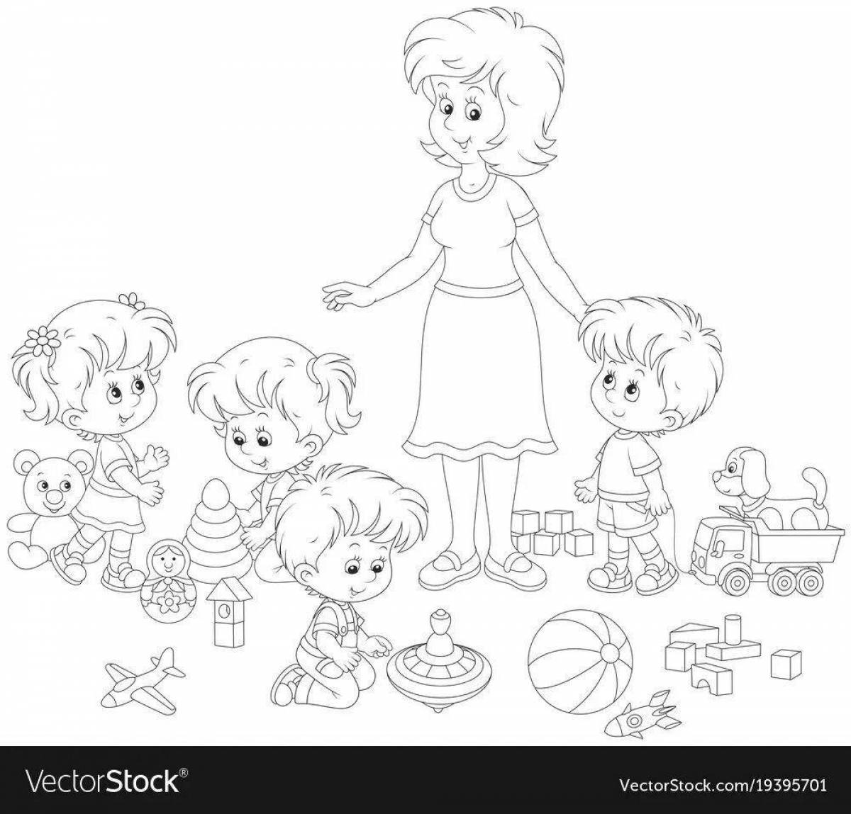 Рисунок черно белый дети в детском саду