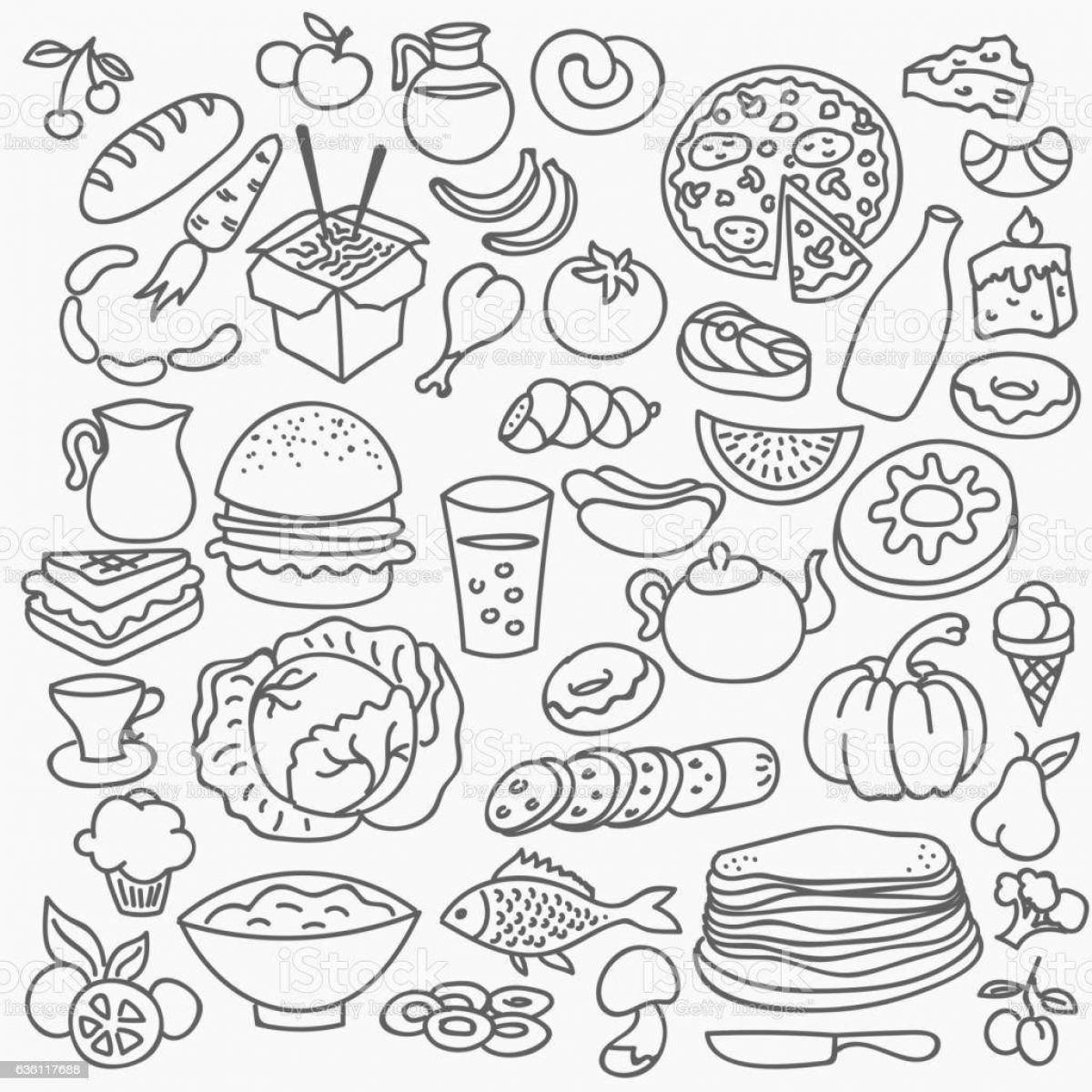 Страница раскраски с наклейками для еды