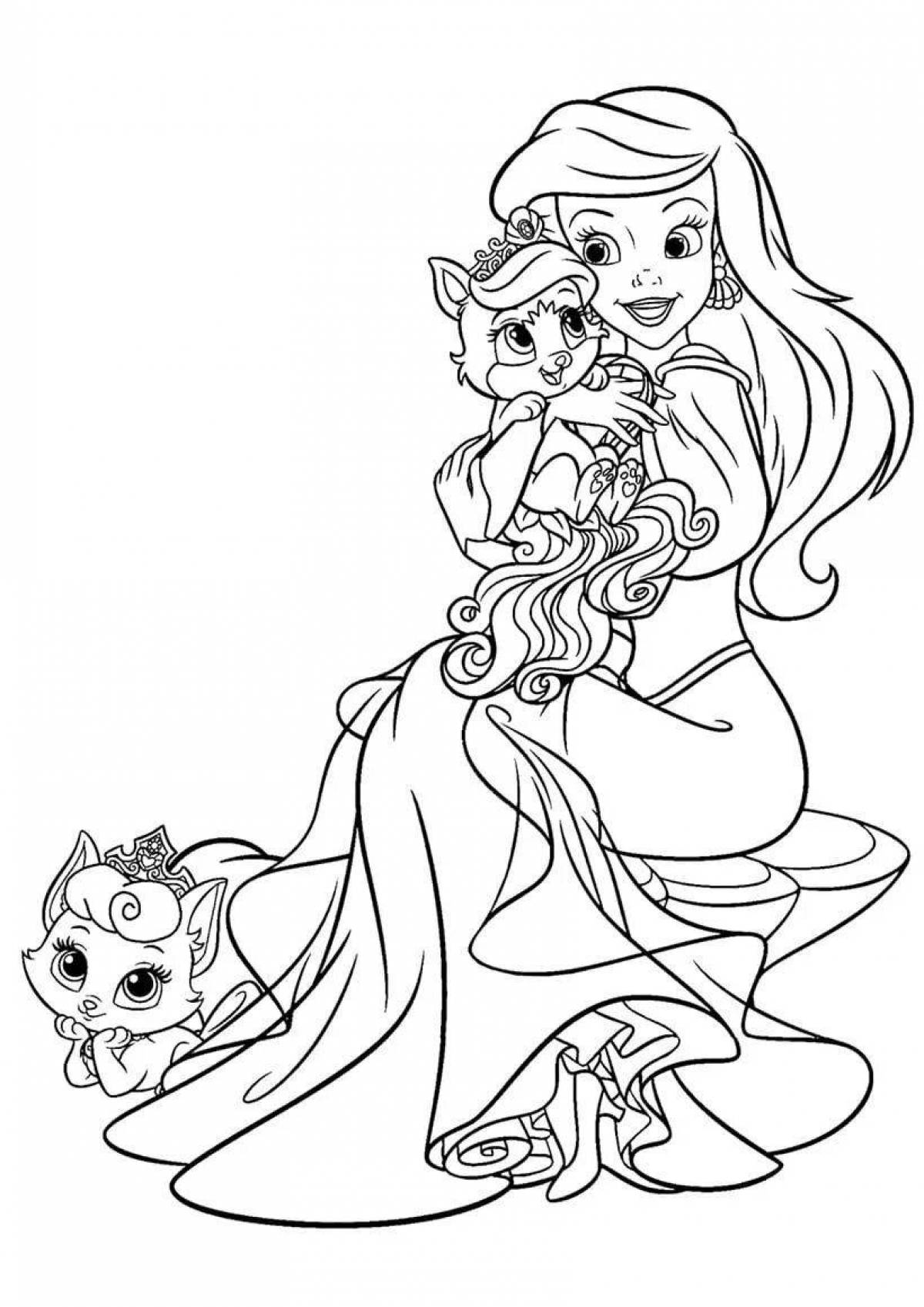 Изящная раскраска принцесса с кошкой