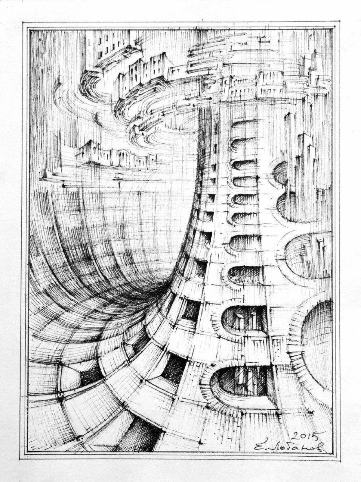 Черчение художественное. Графическая архитектура. Архитектурная фантазия композиция. Архитектурная фантазия в графике. Архитектурная композиция Графика.