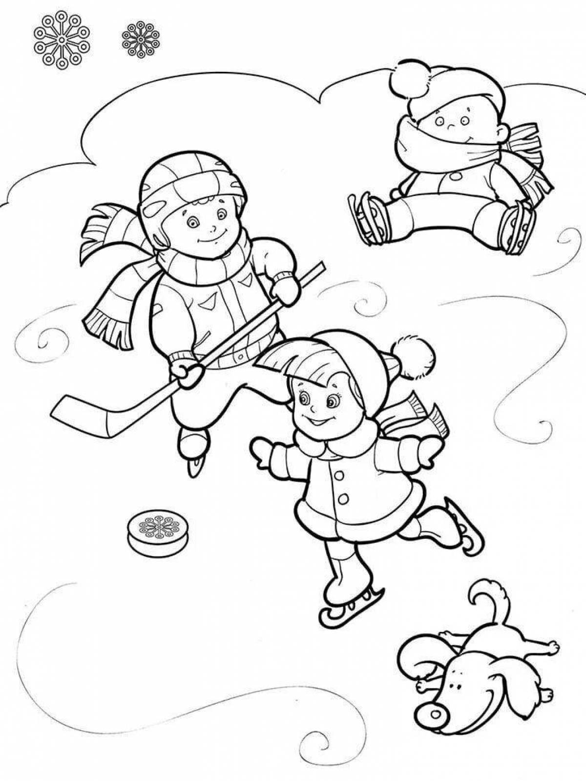 Excited Winter Fun Coloring Page