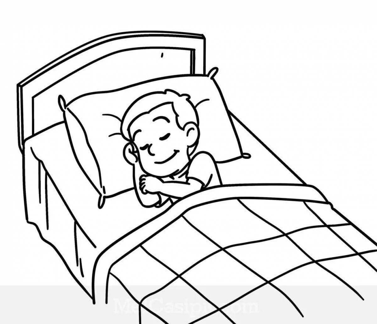 Tom go to bed. Сон раскраска. Раскраска здоровый сон для детей. Кроватка раскраска для детей. Спящий мальчик.