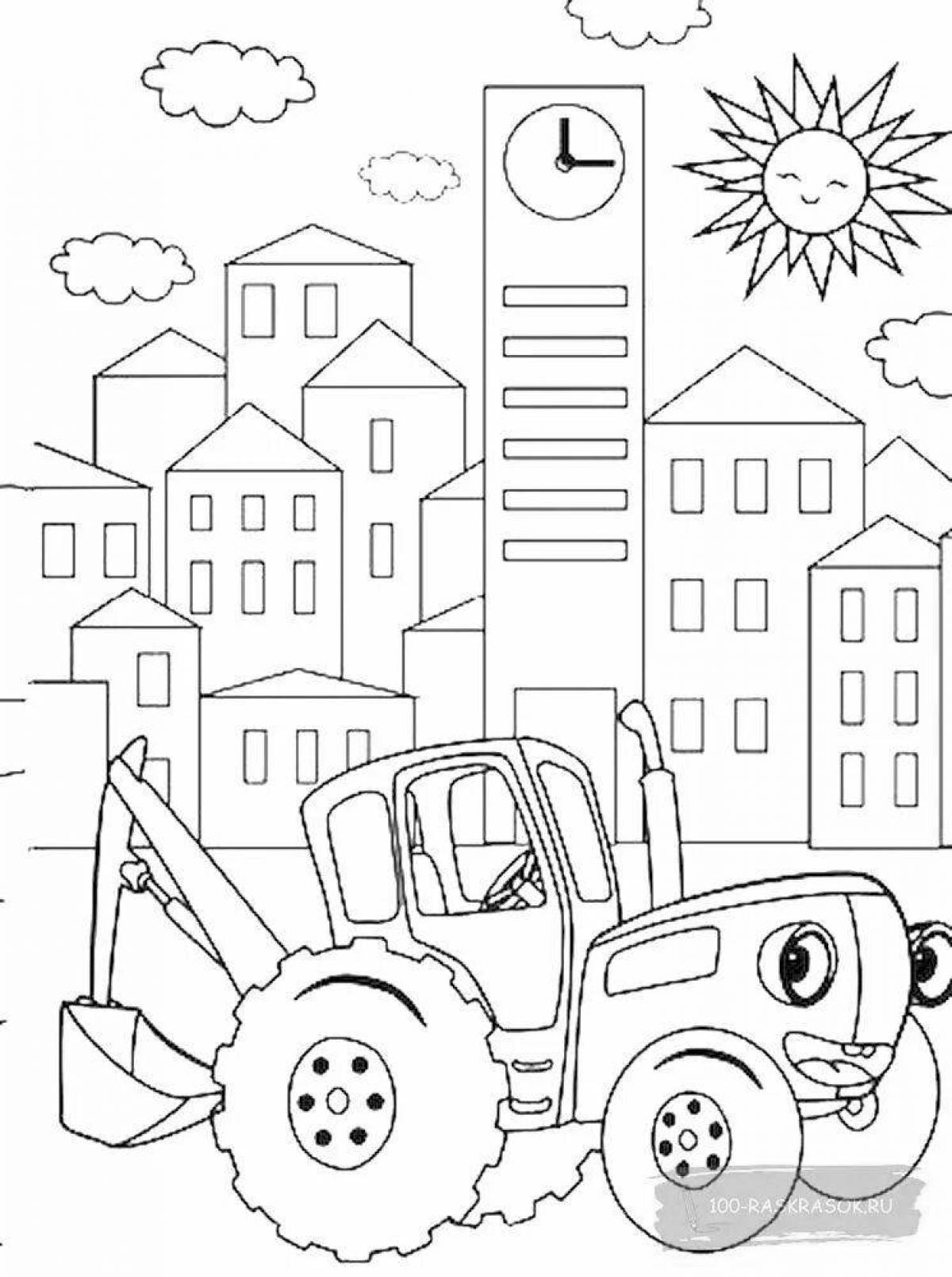 Coloring book colorful house blue tractor
