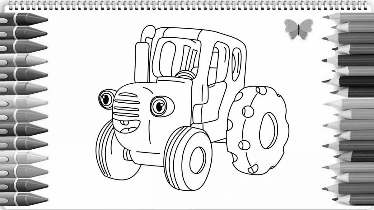 Blue tractor glittering house coloring page