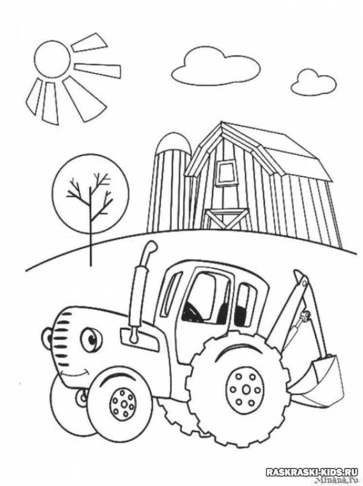 Refined house, blue tractor, coloring book