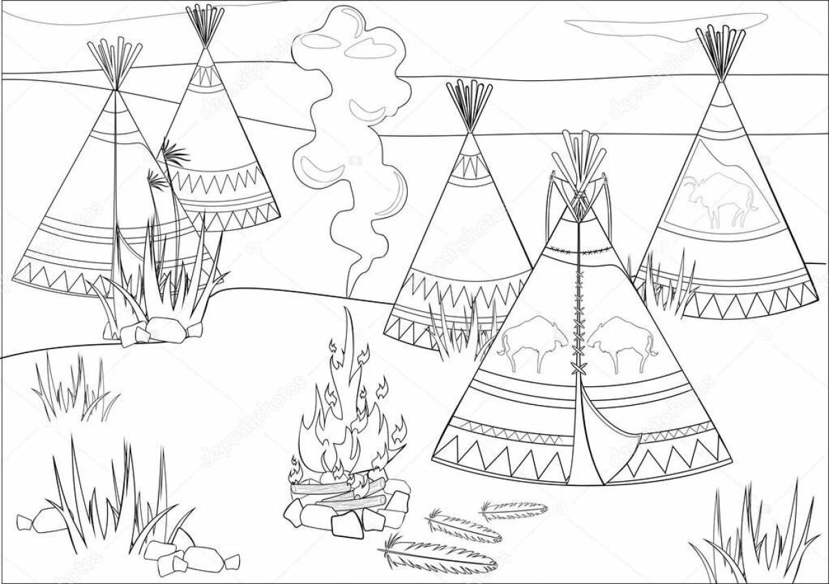 Раскраска индейская деревня