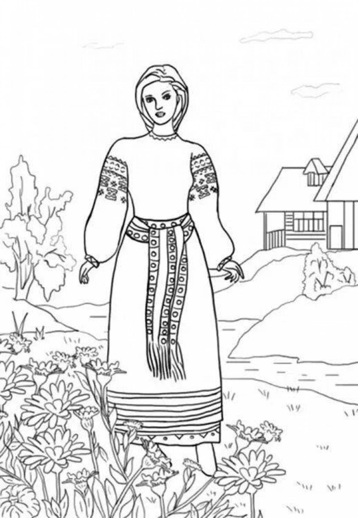 Девица в народном костюме для раскрашивания