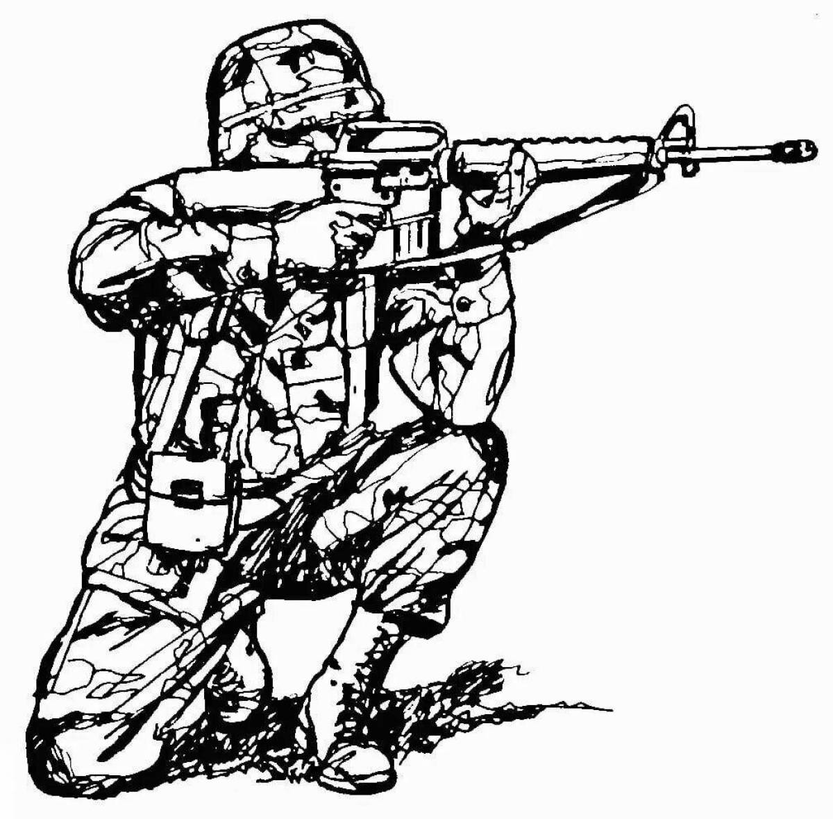 Daring coloring of a soldier with a machine gun