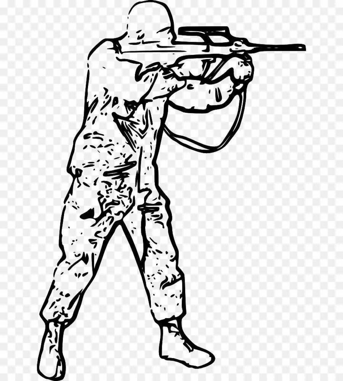 Coloring page of a relentless soldier with a machine gun