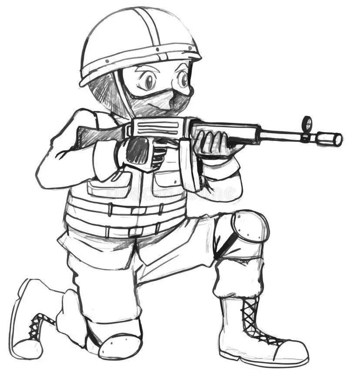 Coloring page tenacious soldier with a machine gun