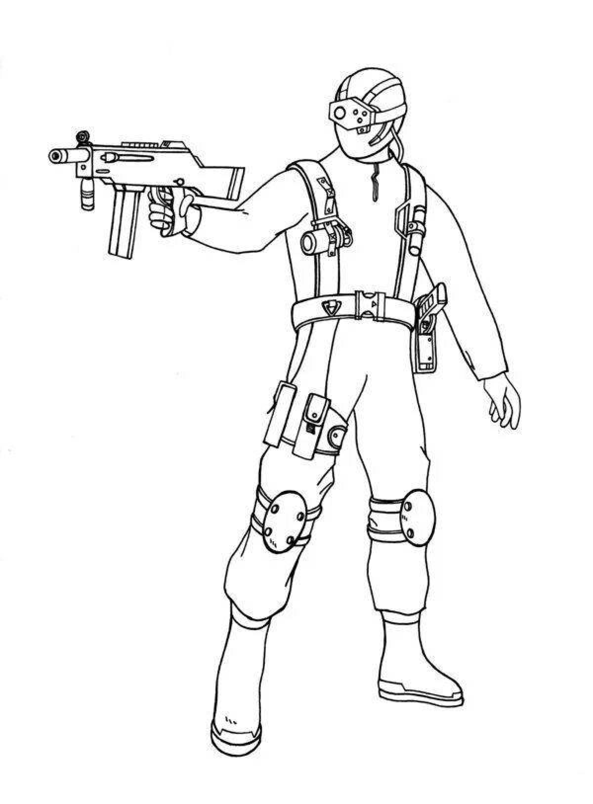 Coloring book impregnable soldier with a machine gun