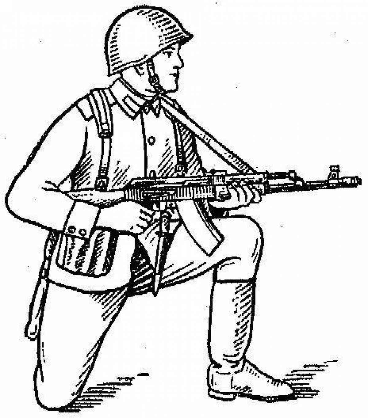 Coloring picture of a motionless soldier with a machine gun