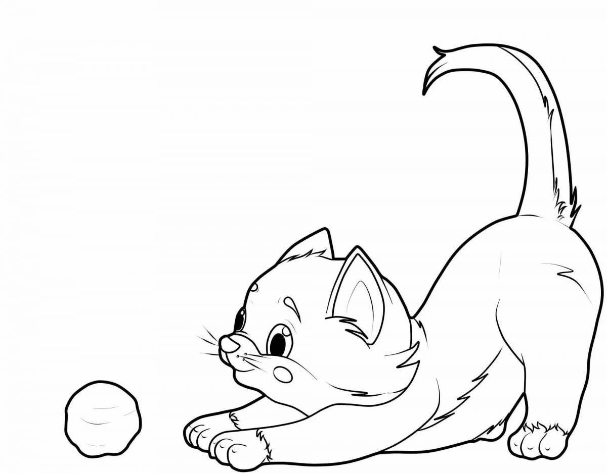 Раскраска радостный кот с мячиком