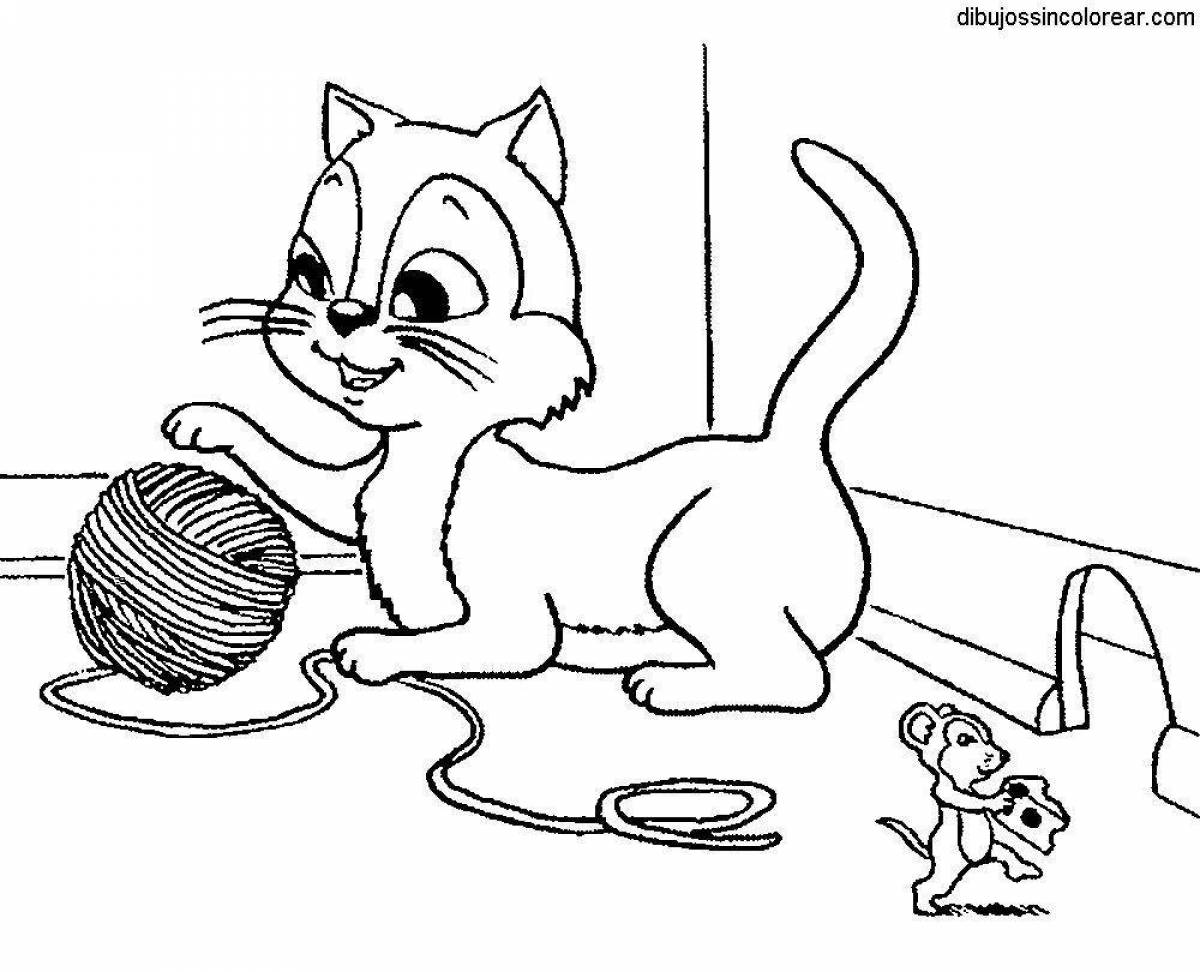 Coloring page energetic cat with a ball